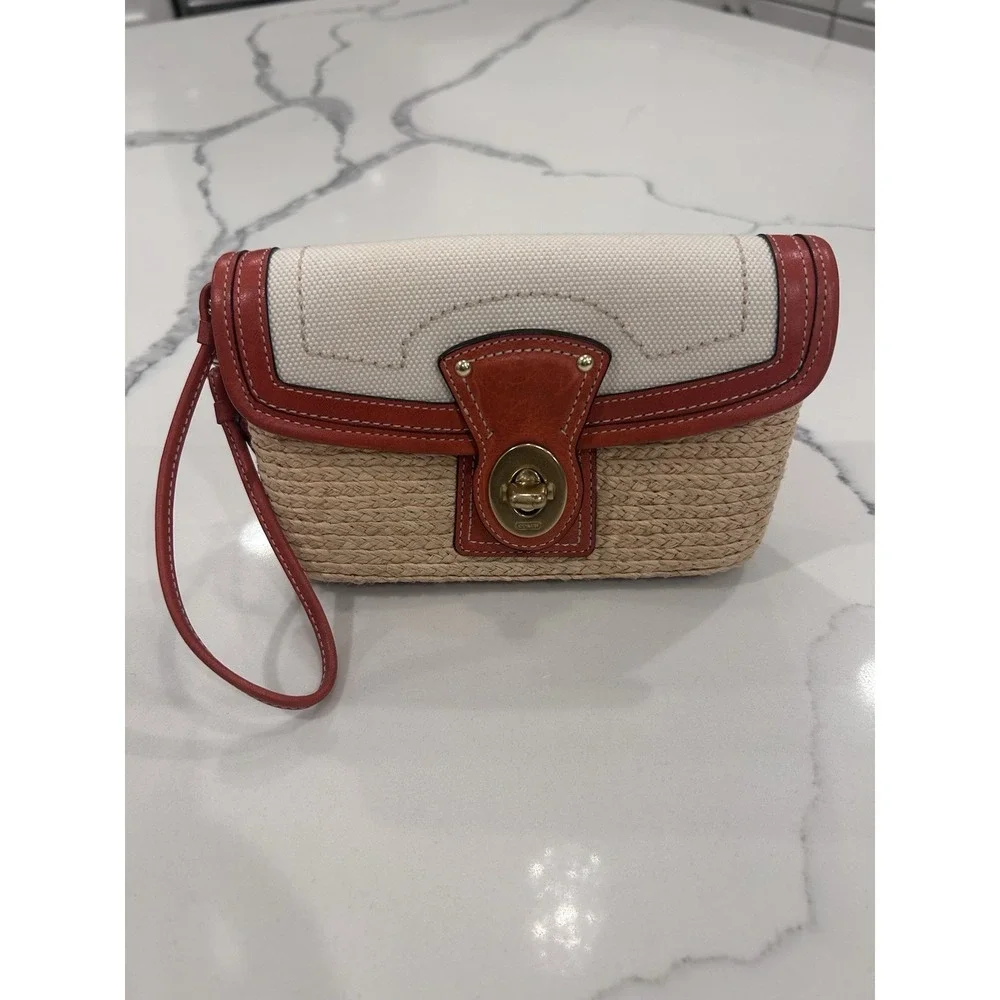 Coach Wristlet Clutch Turn Lock Lined Pockets Beige Brown Gold Reddish Orange